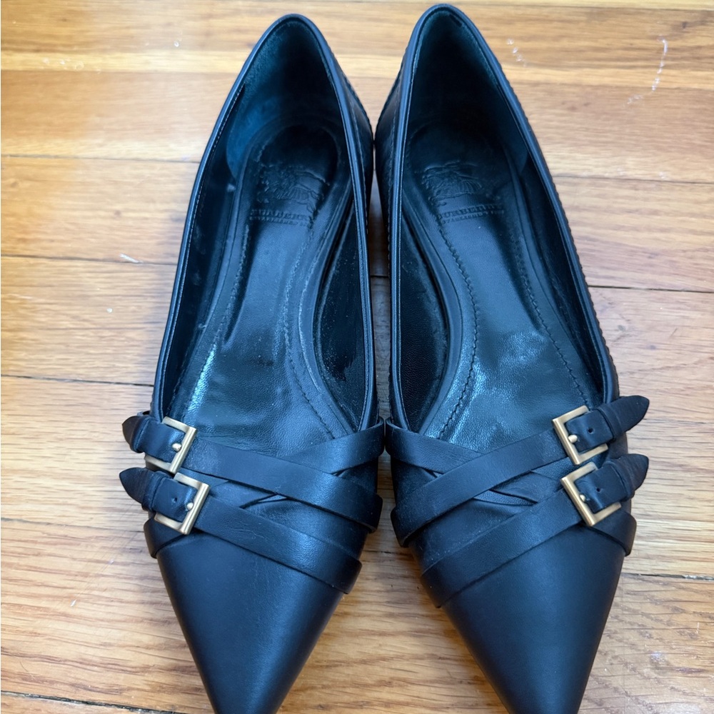 Burberry Black Leather Flats with Gold Buckles